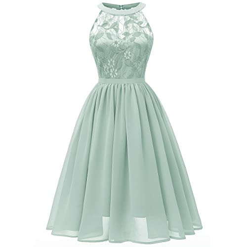 Damen Vintage Spitze Partykleid Elegant Hochzeit Brautkleid A Linie Neckholder Cocktailkleid Abendkleid Ärmellos Chiffon Sommerkleid Knielang Faltenkleid Hellgrün L von IMEKIS