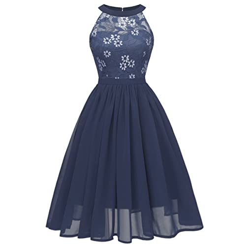 Damen Vintage Spitze Partykleid Elegant Hochzeit Brautkleid A Linie Neckholder Cocktailkleid Abendkleid Ärmellos Chiffon Sommerkleid Knielang Faltenkleid Marineblau XL von IMEKIS