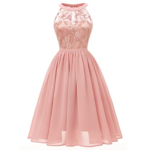 Damen Vintage Spitze Partykleid Elegant Hochzeit Brautkleid A Linie Neckholder Cocktailkleid Abendkleid Ärmellos Chiffon Sommerkleid Knielang Faltenkleid Rosa S von IMEKIS