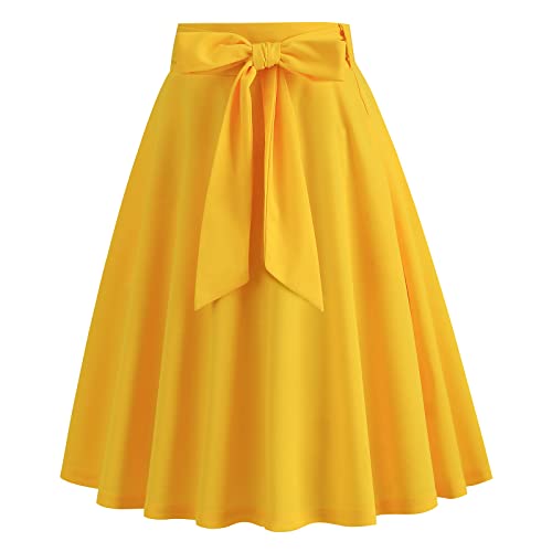 Damen Vintage Swing Rock 1950er Jahre Faltenrock Einfarbig A-Linie Knielänge Rockabilly Midirock Sommer Skater Röcke mit Gürtel und Pocket Gelb-Bowknot XXL von IMEKIS