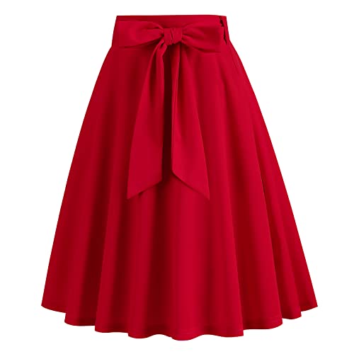 Damen Vintage Swing Rock 1950er Jahre Faltenrock Einfarbig A-Linie Kniel�Nge Rockabilly Midirock Sommer Skater R�cke mit G�rtel und Pocket Rot-Bowknot L von IMEKIS