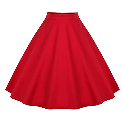 Damen Vintage Swing Rock 1950er Jahre Faltenrock Retro Rockabilly Midirock Elegant Cocktail Partyrock Sommerrock A-Linie Einfarbig High Waist Röcke Knielänge Tellerrock Rot S von IMEKIS