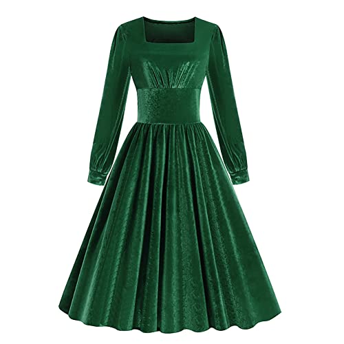 Damen Weihnachten Kleid Elegante Samt Weihnachtsfeier Kleid 19050s Vintage Retro Swing Cocktailkleid Partykleid A Linie Langarm Einfarbig Herbst Winter Kleid Gr?n M von IMEKIS