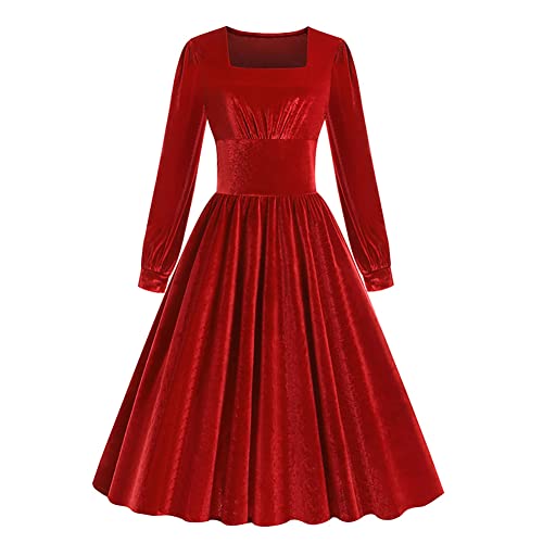Damen Weihnachten Elegante Samt Kleid - 1950s Vintage Retro Swing Cocktail Partykleid A-Linie Langarm Einfarbig Herbst Winter - Rot XXL von IMEKIS
