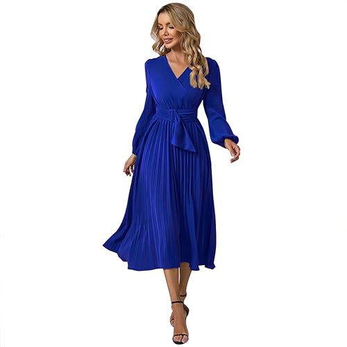 Damen Weihnachtskleid A Linie Festlich Partykleid Langarm V-Ausschnitt Herbst Winterkleid Faltenkleid mit Gürtel Elegant Hochzeitsgast Cocktailkleid Weihnachten Abendkleid Blau XXL von IMEKIS