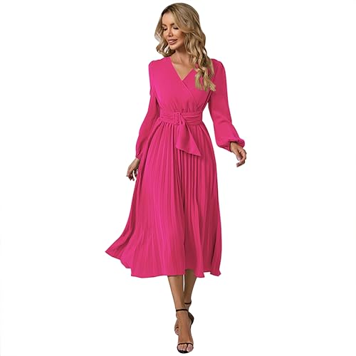 Damen Weihnachtskleid A Linie Festlich Partykleid Langarm V-Ausschnitt Herbst Winterkleid Faltenkleid mit Gürtel Elegant Hochzeitsgast Cocktailkleid Weihnachten Abendkleid Rose M von IMEKIS