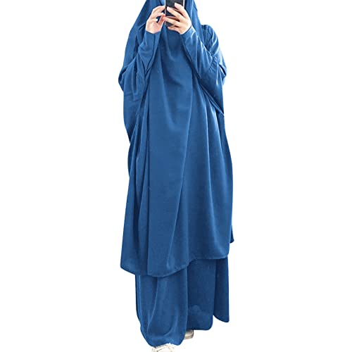 Frauen Jilbab Kleid Muslim Langarm Maxi Gebetsrobe Einfarbig Lose Vollständige Bedeckung Khimar mit Rock für 2-tlg Outfit für Außenbereich Blau One Size von IMEKIS