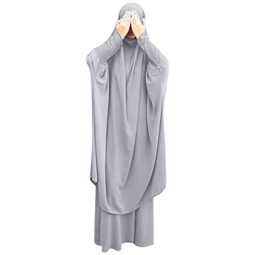 Frauen Jilbab Kleid Muslim Langarm Maxi Gebetsrobe Einfarbig Lose Vollständige Bedeckung Khimar mit Rock für 2-TLG Outfit für Außenbereich Grau One Size von IMEKIS