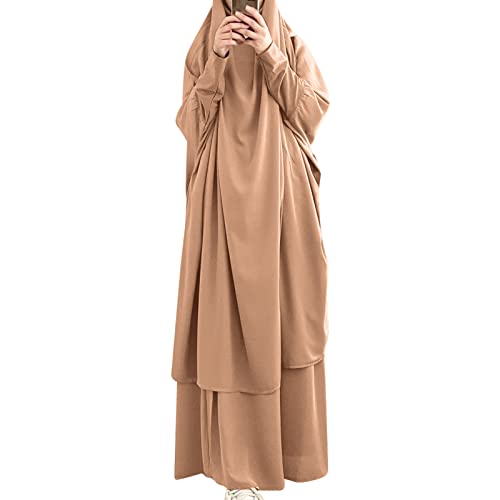 Frauen Jilbab Kleid Muslim Langarm Maxi Gebetsrobe Einfarbig Lose Vollständige Bedeckung Khimar mit Rock für 2-TLG Outfit für Außenbereich Khaki One Size von IMEKIS