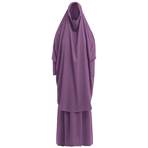 Frauen Jilbab Kleid Muslim Langarm Maxi Gebetsrobe Einfarbig Lose Vollständige Bedeckung Khimar mit Rock für 2-TLG Outfit für Außenbereich Lila One Size von IMEKIS