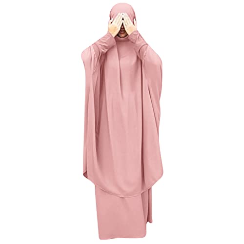 Frauen Jilbab Kleid Muslim Langarm Maxi Gebetsrobe Einfarbig Lose Vollständige Bedeckung Khimar mit Rock für 2-TLG Outfit für Außenbereich Rosa One Size von IMEKIS