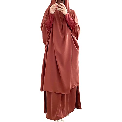 Frauen Jilbab Kleid Muslim Langarm Maxi Gebetsrobe Einfarbig Lose Vollständige Bedeckung Khimar mit Rock für 2-TLG Outfit für Außenbereich Ziegelrot One Size von IMEKIS
