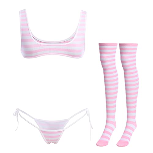 IMEKIS Damen-Dessous-Set, Kawaii-Anime-Dessous-Set, Neckholder, Mikro-BH, winziger Slip, Strumpfband, Gürtel, gestreifte Strümpfe, 4-teiliges Unterwäsche-Outfit, Rosa – breiter Riemen, Einheitsgröße von IMEKIS