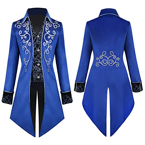 Herren Steampunk Vintage Frack Jacke Samt Bestickte Gehrock Gothic Viktorianische Mantel Uniform Mittelalter Smoking Halloween Kostüm Karneval Cosplay Verkleidung Blau 3XL von IMEKIS