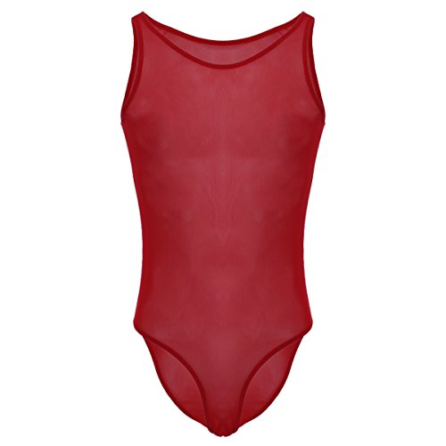 Herren Stringbody Mesh Transparent Body Unterwäsche Wrestling Unterhemd Tank Top Dessous High Cut Overall Einteiliger Jumpsuit Bikini Slips Männerbody Muskel Sport Shirt Nachtwäsche Rot XL von IMEKIS