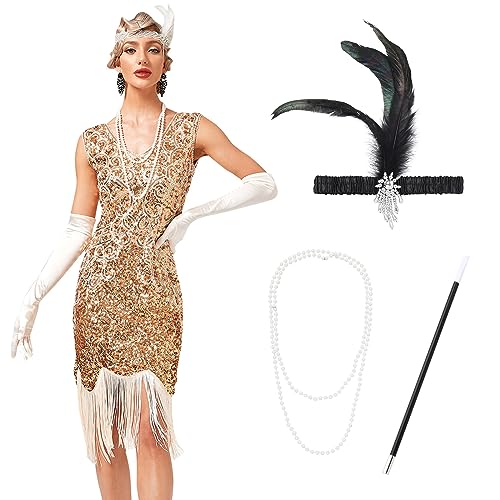 IMEKIS 1920er Jahre Great Gatsby Kleid für Damen Flapper Pailletten Quaste Fransen Kleid Ärmellos V-Ausschnitt Vintage Cocktailkleid Festlich Kostüm mit Zubehör Gold S von IMEKIS