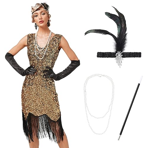 IMEKIS 1920er Jahre Great Gatsby Kleid für Damen Flapper Pailletten Quaste Fransen Kleid Ärmellos V-Ausschnitt Vintage Cocktailkleid Festlich Kostüm mit Zubehör Golden M von IMEKIS