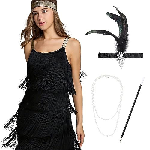 IMEKIS 1920er Jahre Great Gatsby Kleid für Damen Flapper Pailletten Quaste Fransen Kleid Ärmellos V-Ausschnitt Vintage Cocktailkleid Festlich Kostüm mit Zubehör Schwarz-Ärmellos M von IMEKIS