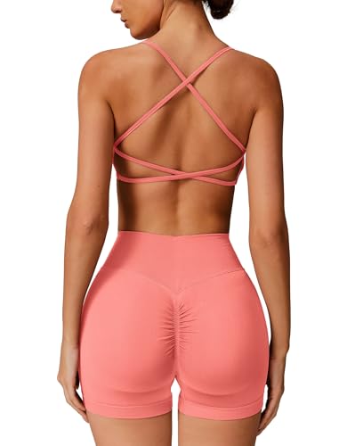 IMEKIS 2 Teilig Gym Set Damen Sportanzug Crossback Sportbh mit Hohe Taille Yoga Shorts Fitness Sportbekleidung Workout Jogging Pilates Outfit Dunkelrosa S von IMEKIS