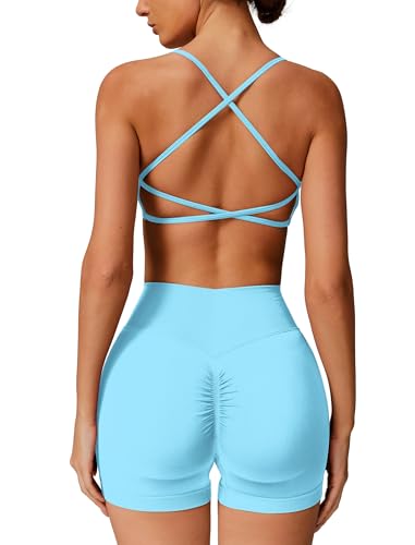 IMEKIS 2 Teilig Gym Set Damen Sportanzug Crossback Sportbh mit Hohe Taille Yoga Shorts Fitness Sportbekleidung Workout Jogging Pilates Outfit Hellblau S von IMEKIS