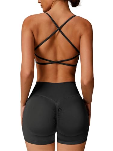 IMEKIS 2 Teilig Gym Set Damen Sportanzug Crossback Sportbh mit Hohe Taille Yoga Shorts Fitness Sportbekleidung Workout Jogging Pilates Outfit Schwarz S von IMEKIS