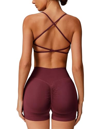 IMEKIS 2 Teilig Gym Set Damen Sportanzug Crossback Sportbh mit Hohe Taille Yoga Shorts Fitness Sportbekleidung Workout Jogging Pilates Outfit Weinrot S von IMEKIS