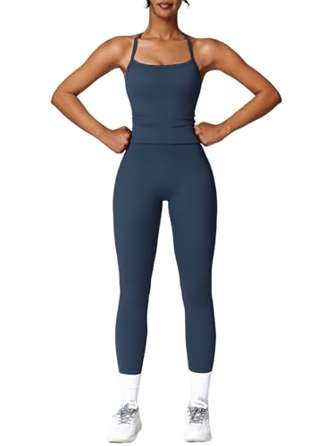 IMEKIS 2 Teilig Gym Set Damen Yoga Outfit Neckholder Strappy Zurück Soprt Crop Top und High Taille Leggings Sportanzug Sommer Fitness Workout Activewear Dunkelblau XS von IMEKIS