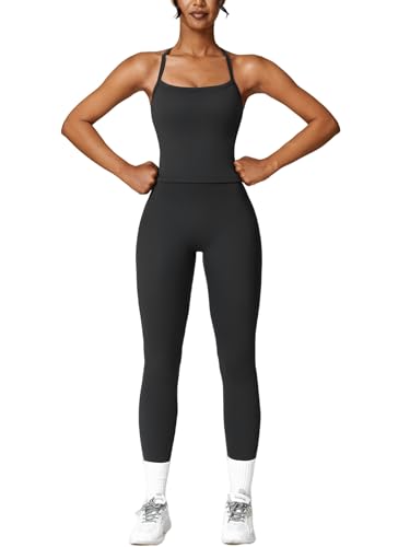 IMEKIS 2 Teilig Gym Set Damen Yoga Outfit Neckholder Strappy Zurück Soprt Crop Top und High Taille Leggings Sportanzug Sommer Fitness Workout Activewear Schwarz XS von IMEKIS