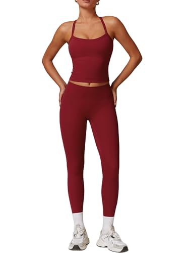 IMEKIS 2 Teilig Gym Set Damen Yoga Outfit Neckholder Strappy Zurück Soprt Crop Top und High Taille Leggings Sportanzug Sommer Fitness Workout Activewear Weinrot XS von IMEKIS