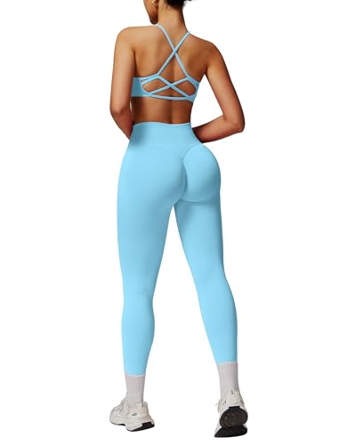 IMEKIS 2 Teilig Gym Set Damen Yoga Sport Outfit Crossback Sportbh mit Hohe Taille Leggings Hosen Fitness Kleidung Workout Sportanzug für Jogging Pilates Hellblau S von IMEKIS