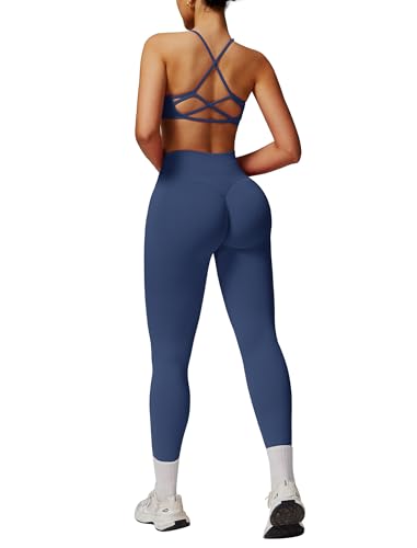 IMEKIS 2 Teilig Gym Set Damen Yoga Sport Outfit Crossback Sportbh mit Hohe Taille Leggings Hosen Fitness Kleidung Workout Sportanzug für Jogging Pilates Marineblau S von IMEKIS