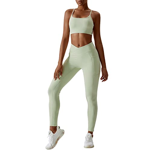 IMEKIS 2tlg Gym Set für Damen Yoga Sport Outfit Einfarbig Fitness Kleidung Ärmellos Rückenfrei Crisscross Sport BH und Cross V Hohe Taille Shorts Leggings Workout Jogger Anzug Grün+Hose L von IMEKIS