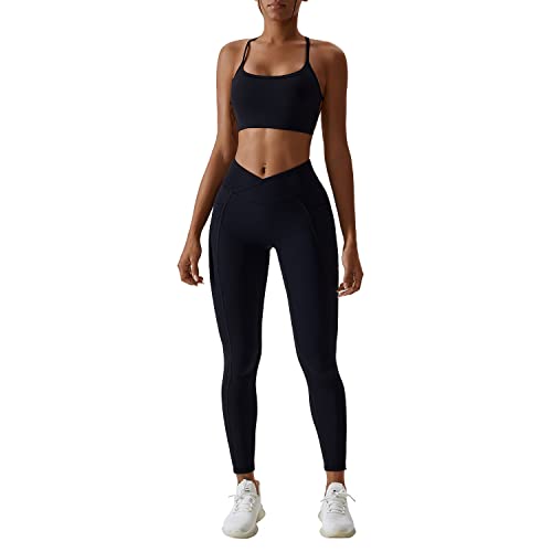 IMEKIS 2tlg Gym Set für Damen Yoga Sport Outfit Einfarbig Fitness Kleidung Ärmellos Rückenfrei Crisscross Sport BH und Cross V Hohe Taille Shorts Leggings Workout Jogger Anzug Schwarz+Hose M von IMEKIS