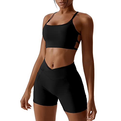 IMEKIS 2tlg Gym Set für Damen Yoga Sport Outfit Einfarbig Fitness Kleidung Ärmellos Rückenfrei Crisscross Sport BH und Cross V Hohe Taille Shorts Leggings Workout Jogger Anzug Schwarz M IMEKIS 2tlg Gym Set für Damen Yoga Sport Outfit Einfarbig Fitness Kleidung Ärmellos Rückenfrei Crisscross Sport BH und Cross V Hohe Taille Shorts Leggings Workout Jogger Anzug Schwarz M von IMEKIS