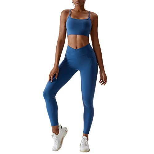 IMEKIS 2tlg Gym Set für Damen Yoga Sport Outfit Einfarbig Fitness Kleidung Ärmellos Rückenfrei Crisscross Sport BH und Cross V Hohe Taille Shorts Leggings Workout Jogger Anzug See Blau+Hose M von IMEKIS