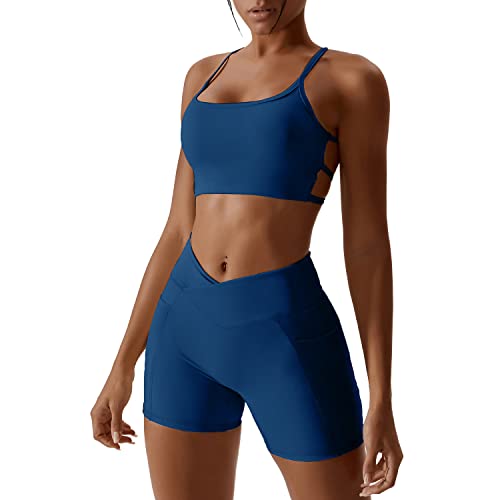 IMEKIS 2tlg Gym Set für Damen Yoga Sport Outfit Einfarbig Fitness Kleidung Ärmellos Rückenfrei Crisscross Sport BH und Cross V Hohe Taille Shorts Leggings Workout Jogger Anzug See Blau L von IMEKIS