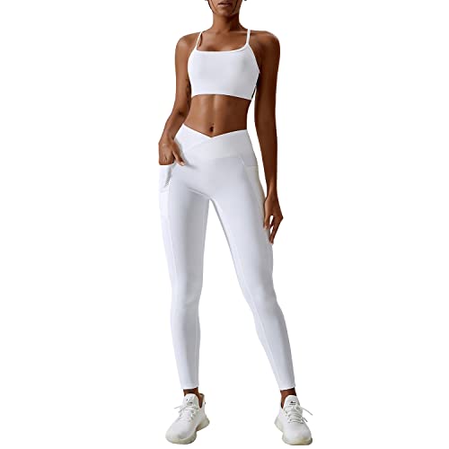 IMEKIS 2tlg Gym Set für Damen Yoga Sport Outfit Einfarbig Fitness Kleidung Ärmellos Rückenfrei Crisscross Sport BH und Cross V Hohe Taille Shorts Leggings Workout Jogger Anzug Weiß+Hose M von IMEKIS