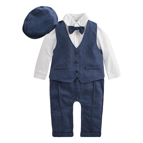 IMEKIS Baby Junge Gentleman Anzug Hochzeit Taufanzug Langarm Hosenträger Strampler Jumpsuit + Weste + Barett + Fliege 4tlg Geburtstag Festlich Outfit Smoking Bekleidungssets Dunkelblau 18-24 Monate von IMEKIS