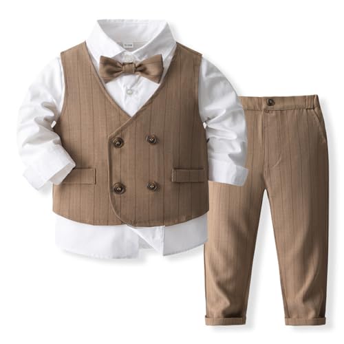 IMEKIS Baby Jungen Gentleman Anzug Formale Geburtstag Hochzeit Taufe Smoking Outfits Langarm Button Down Hemd Hosen + Weste und Fliege, 4tlg Set Braun 12-18 Monate von IMEKIS