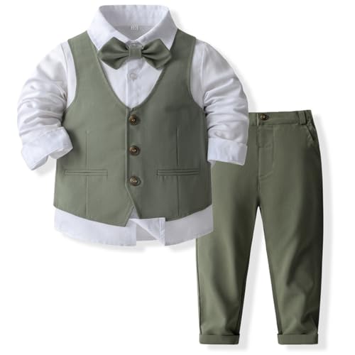 IMEKIS Baby Jungen Gentleman Anzug Formale Geburtstag Hochzeit Taufe Smoking Outfits Langarm Button Down Hemd Hosen + Weste und Fliege, 4tlg Set Dunkelgrün 12-18 Monate von IMEKIS