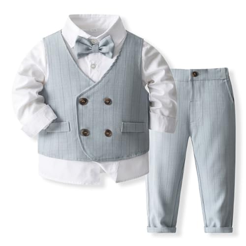 IMEKIS Baby Jungen Gentleman Anzug Formale Geburtstag Hochzeit Taufe Smoking Outfits Langarm Button Down Hemd Hosen + Weste und Fliege, 4tlg Set Hellgrau 12-18 Monate von IMEKIS