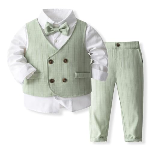 IMEKIS Baby Jungen Gentleman Anzug Formale Geburtstag Hochzeit Taufe Smoking Outfits Langarm Button Down Hemd Hosen + Weste und Fliege, 4tlg Set Hellgrün 2-3 Jahre von IMEKIS