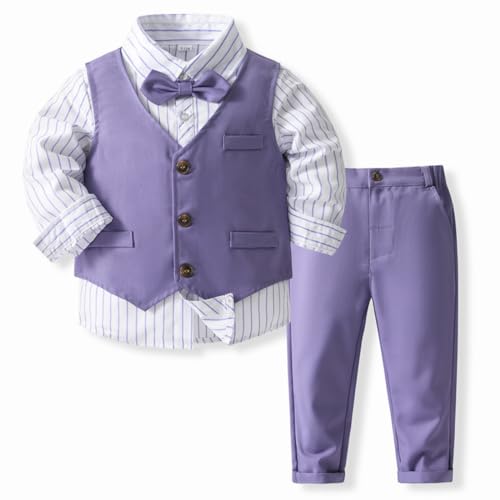 IMEKIS Baby Jungen Gentleman Anzug Formale Geburtstag Hochzeit Taufe Smoking Outfits Langarm Button Down Hemd Hosen + Weste und Fliege, 4tlg Set Lila 5 Jahre von IMEKIS