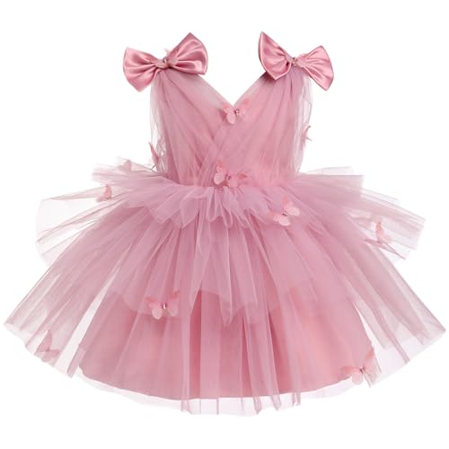 IMEKIS Baby M�dchen Schmetterling Geburtstag Kleid �rmellos V-Ausschnitt T�ll Tutu Prinzessin Regenbogen R�schen Kleid Kinder Hochzeit Festzug Partykleid Altrosa 4-5 Jahre von IMEKIS