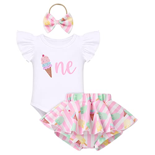 IMEKIS Baby M?dchen 1. Geburtstag Outfit Fliegender ?rmel Sch?ner Druck Strampler R?sche Rock Shorts Bowknot Stirnband Boho Sommer Fotoshooting Kleidung Set Hellrosa+Bunt 12-18 Monate von IMEKIS