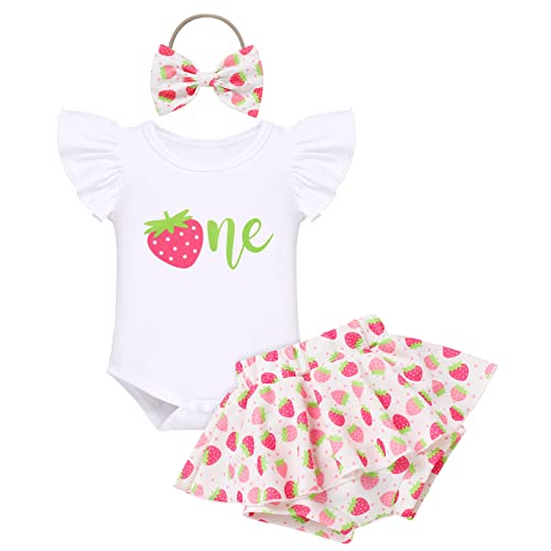 IMEKIS Baby Mädchen 1. Geburtstag Outfit Fliegender Ärmel Schöner Druck Strampler Rüsche Rock Shorts Bowknot Stirnband Boho Sommer Fotoshooting Kleidung Set Hellrosa 6-12 Monate von IMEKIS