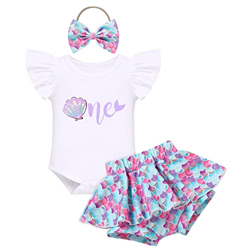 IMEKIS Baby Mädchen 1. Geburtstag Outfit Fliegender Ärmel Schöner Druck Strampler Rüsche Rock Shorts Bowknot Stirnband Boho Sommer Fotoshooting Kleidung Set Lila 12-18 Monate von IMEKIS