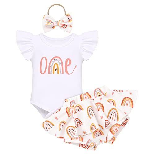 IMEKIS Baby M?dchen 1. Geburtstag Outfit Fliegender ?rmel Sch?ner Druck Strampler R?sche Rock Shorts Bowknot Stirnband Boho Sommer Fotoshooting Kleidung Set Regenbogen 6-12 Monate von IMEKIS