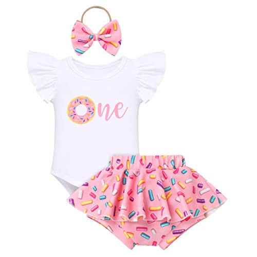 IMEKIS Baby Mädchen 1. Geburtstag Outfit Fliegender Ärmel Schöner Druck Strampler Rüsche Rock Shorts Bowknot Stirnband Boho Sommer Fotoshooting Kleidung Set Rosa+Bunt 6-12 Monate von IMEKIS