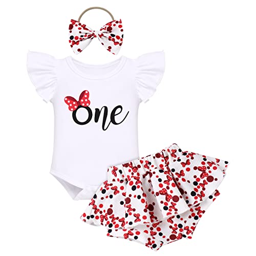 IMEKIS Baby Mädchen 1. Geburtstag Outfit Fliegender Ärmel Schöner Druck Strampler Rüsche Rock Shorts Bowknot Stirnband Boho Sommer Fotoshooting Kleidung Set Rot 6-12 Monate von IMEKIS